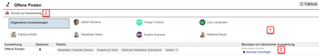 Screenshot über gespeicherte Auswertungen im Statistikbereich „Offene Posten“