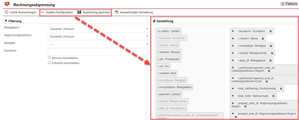 Screenshot der geöffneten Spalten-Konfiguration