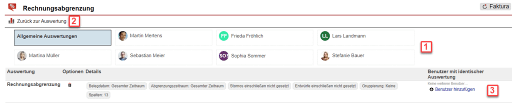 Screenshot über gespeicherte Auswertungen im Statistikbereich „Rechnungsabgrenzung“
