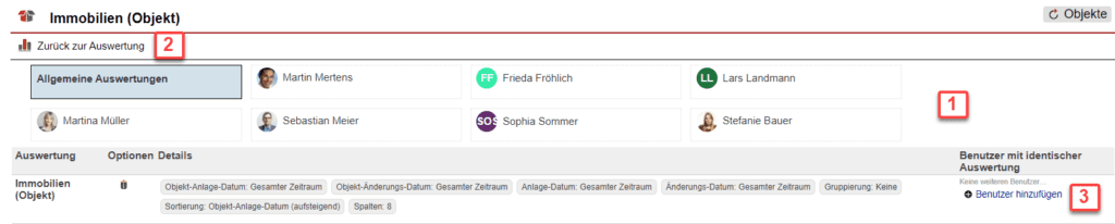 Screenshot über gespeicherte Auswertungen einer Statistik aus dem Bereich „Objekte“