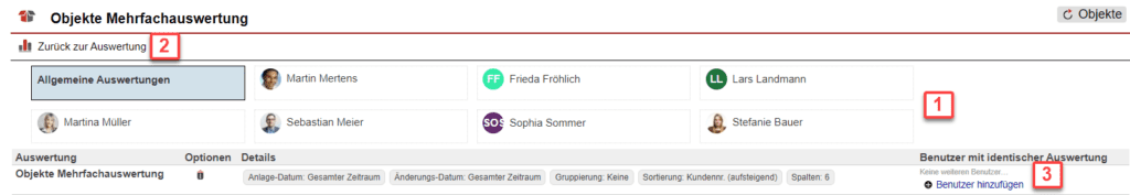 Screenshot über gespeicherte Auswertungen im Statistikbereich „Objekte Mehrfachauswertung“