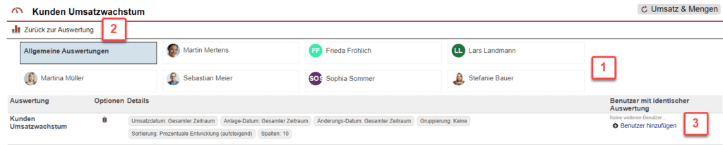 Screenshot über gespeicherte Auswertungen im Statistikbereich „Kunden Umsatzwachstum“