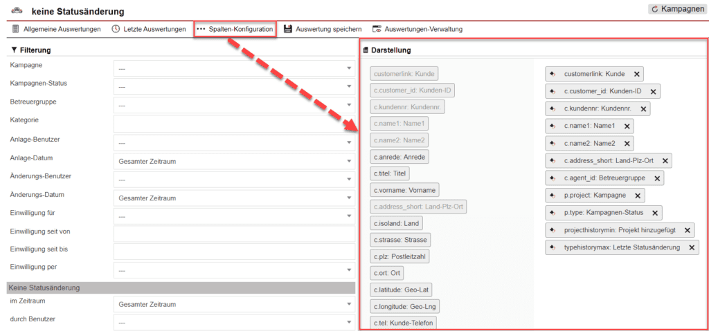 Screenshot der geöffneten Spalten-Konfiguration