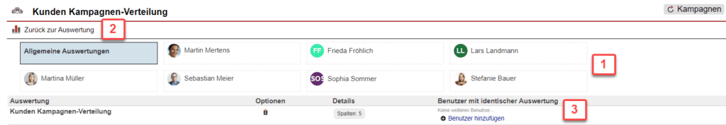 Screenshot über gespeicherte Auswertungen im Statistikbereich „Kunden Kampagnen-Verteilung“