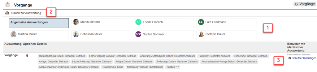 Screenshot über gespeicherte Auswertungen im Statistikbereich „Vorgänge“