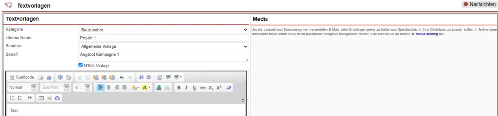 Screenshot Textvorlagen bearbeiten