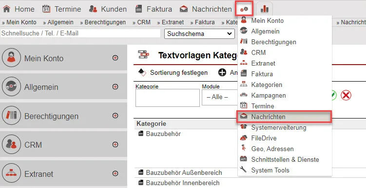 Screenshot Menü „Nachrichten“
