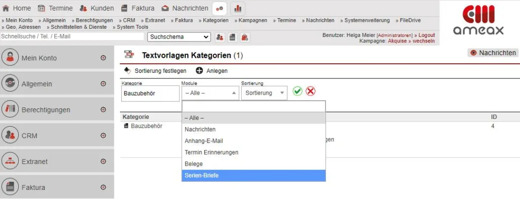 Screenshot Textvorlage Kategorien filtern