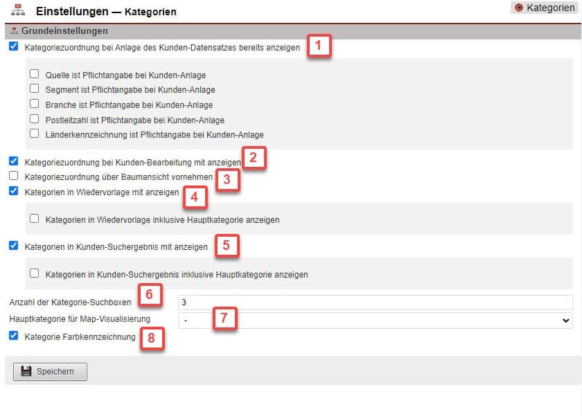 Screenshot Einstellungsmaske „Einstellungen Kategorien“