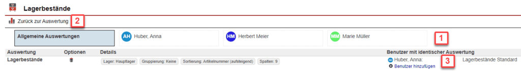 Screenshot über gespeicherte Auswertungen im Statistikbereich „Lagerbestände“