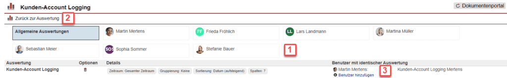 Screenshot über gespeicherte Auswertungen im Statistikbereich „Kunden-Account-Logging“