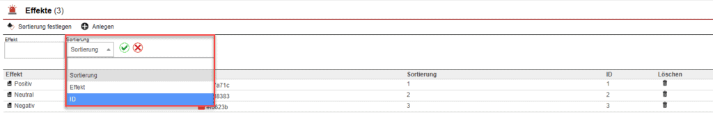 Screenshot Sortierung der Effekte über das Drop-Down-Menü
