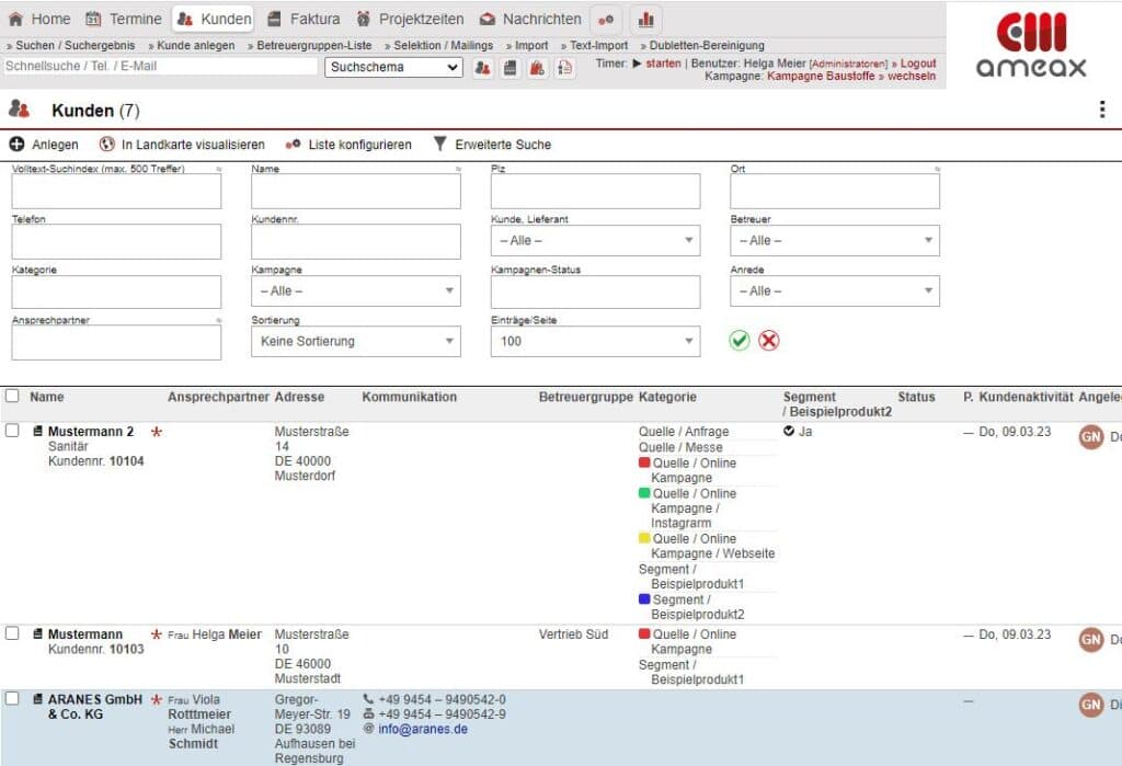 Screenshot Übersicht „Kundenliste"