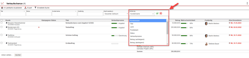 Screenshot der Sortierung