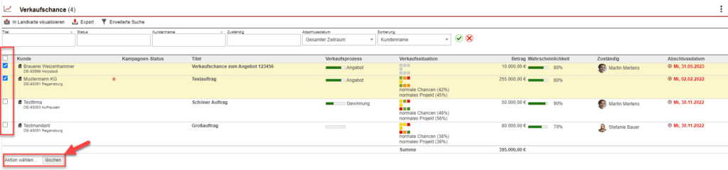 Screenshot wie man vorhandene Verkaufschancen löscht