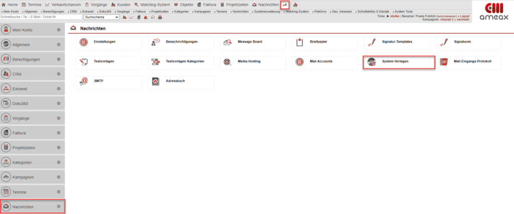 Screenshot geöffneter Hauptmenüpunkt „Einstellungen“ mit markiertem Bereich „Nachrichten“
