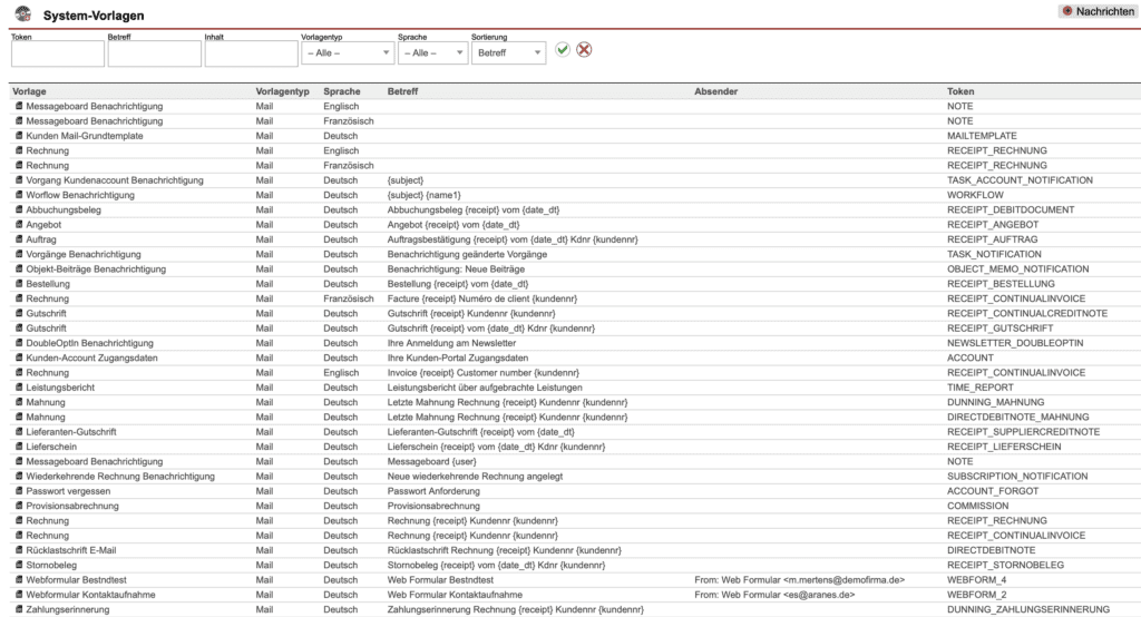 Screenshot System-Vorlagen Oberfläche mit gekennzeichneten Daten mit gleichem Token, aber unterschiedlicher Sprache