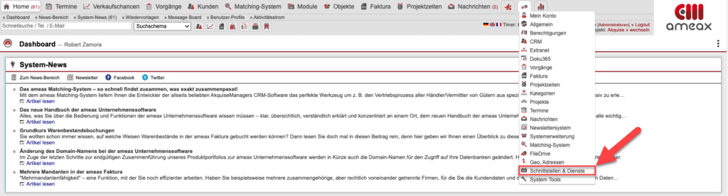 Screenshot geöffneter Hauptmenüpunkt „Einstellungen“ mit markiertem Bereich „Schnittstellen & Dienste“