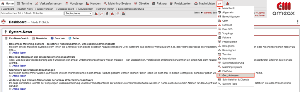 Screenshot geöffneter Hauptmenüpunkt „Einstellungen“ mit markiertem Bereich „Geo, Adressen“