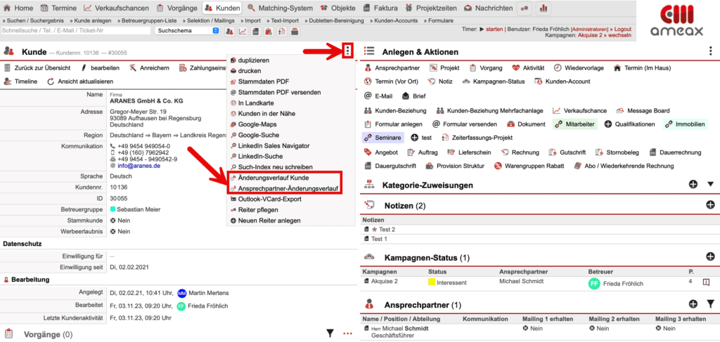 Screenshot Stammdatenansicht mit markierten Punkten für das Aufrufen der Änderungsverläufe