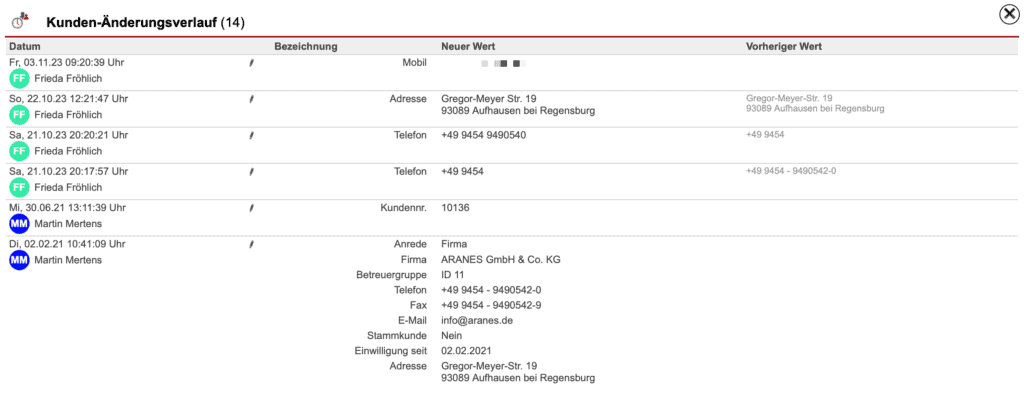 Screenshot Anzeigemaske „Änderungsverlauf Kunde“