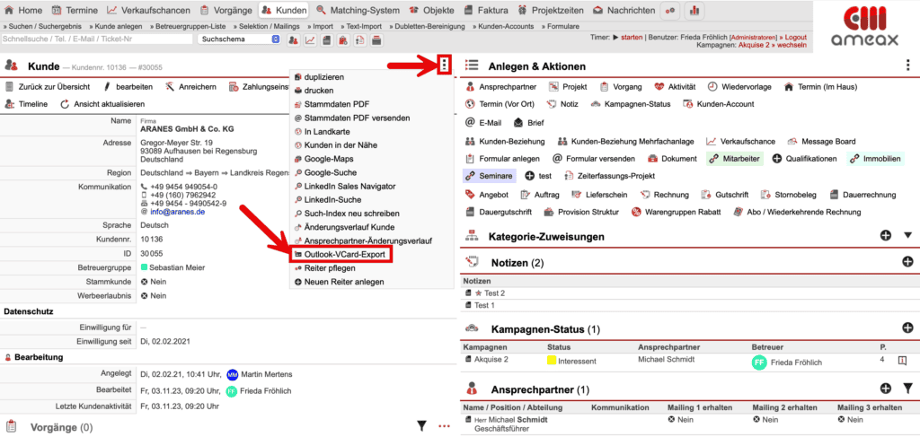 Screenshot Stammdatenansicht mit markierter Funktion für den VCard-Export
