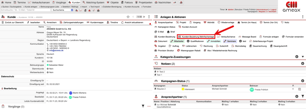 Stammdatenansicht mit markiertem Funktions-Icon „Kundenbeziehung Mehrfachanlage“