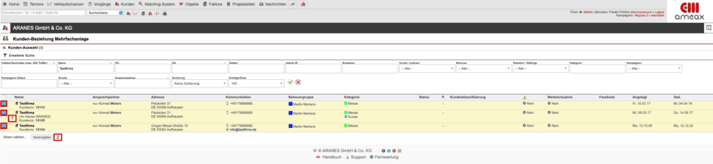Screenshot Kundensuchmaske mit verschiedenen Markierungen.