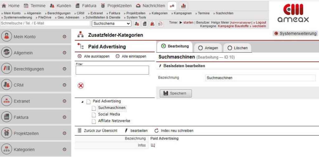 Screenshot Bearbeitungsmaske „Zusatzfelder-Kategorien“ Tab Bearbeiten