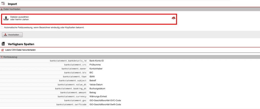 Screenshot Übersichtsmaske „Import“ mit markiertem Upload Feld