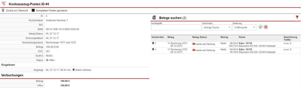 Screenshot Übersichtsmaske Kontoauszug
